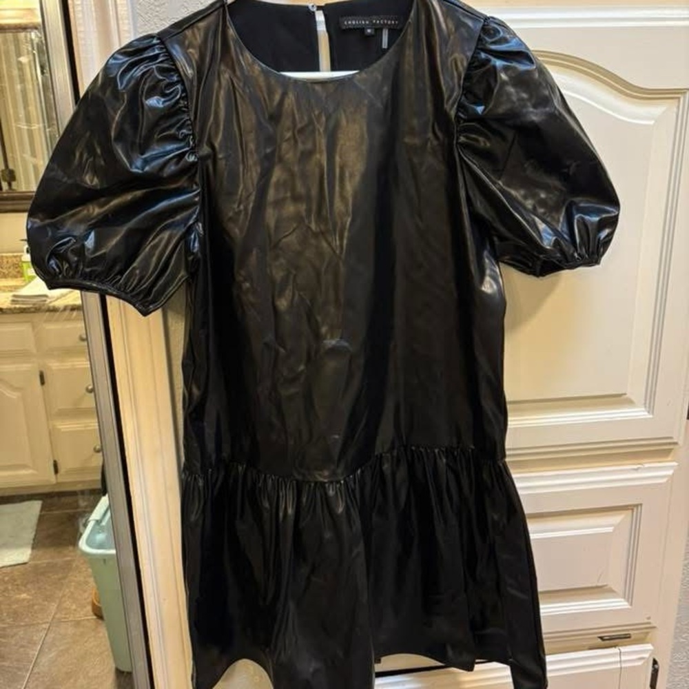 English Factory Faux Leather Black Puff Sleeve Dress